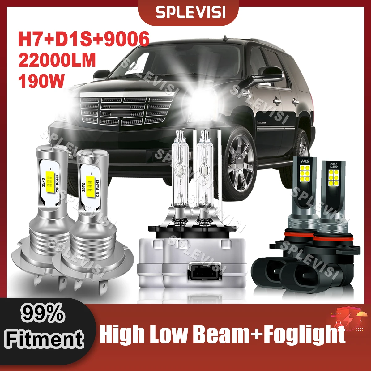 

6000K Pure White LED Headlight H7 High D1S Xenon Low Beam 9006 Foglight Combo 190W Kit For Cadillac Escalade 2007 2008 Car Light