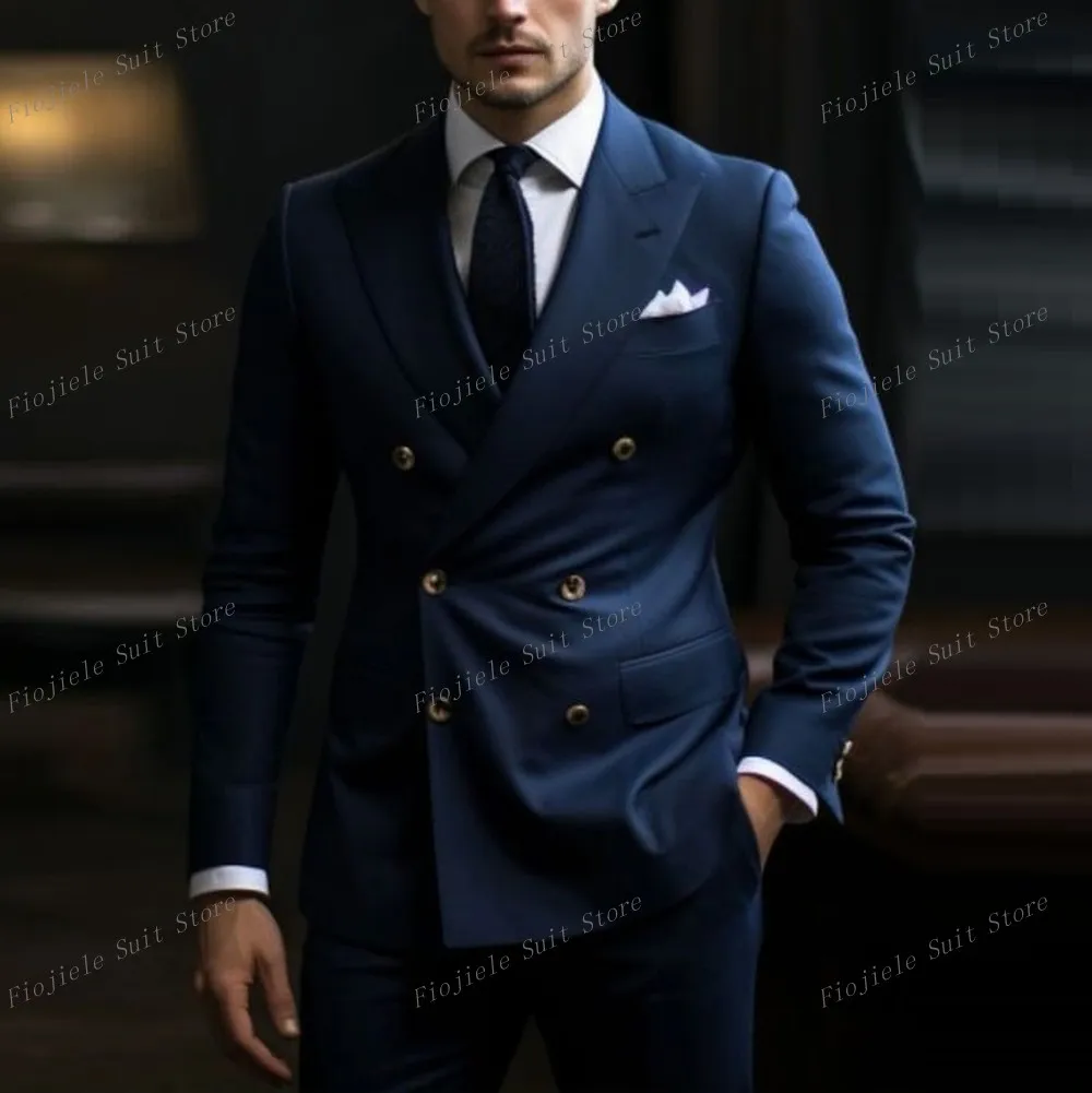 

New Navy Blue Formal Occasion Men Suit Groom Groomsman Wedding Party Prom Business Casual Male Tuxedos 2 Piece Set Blazer Pants