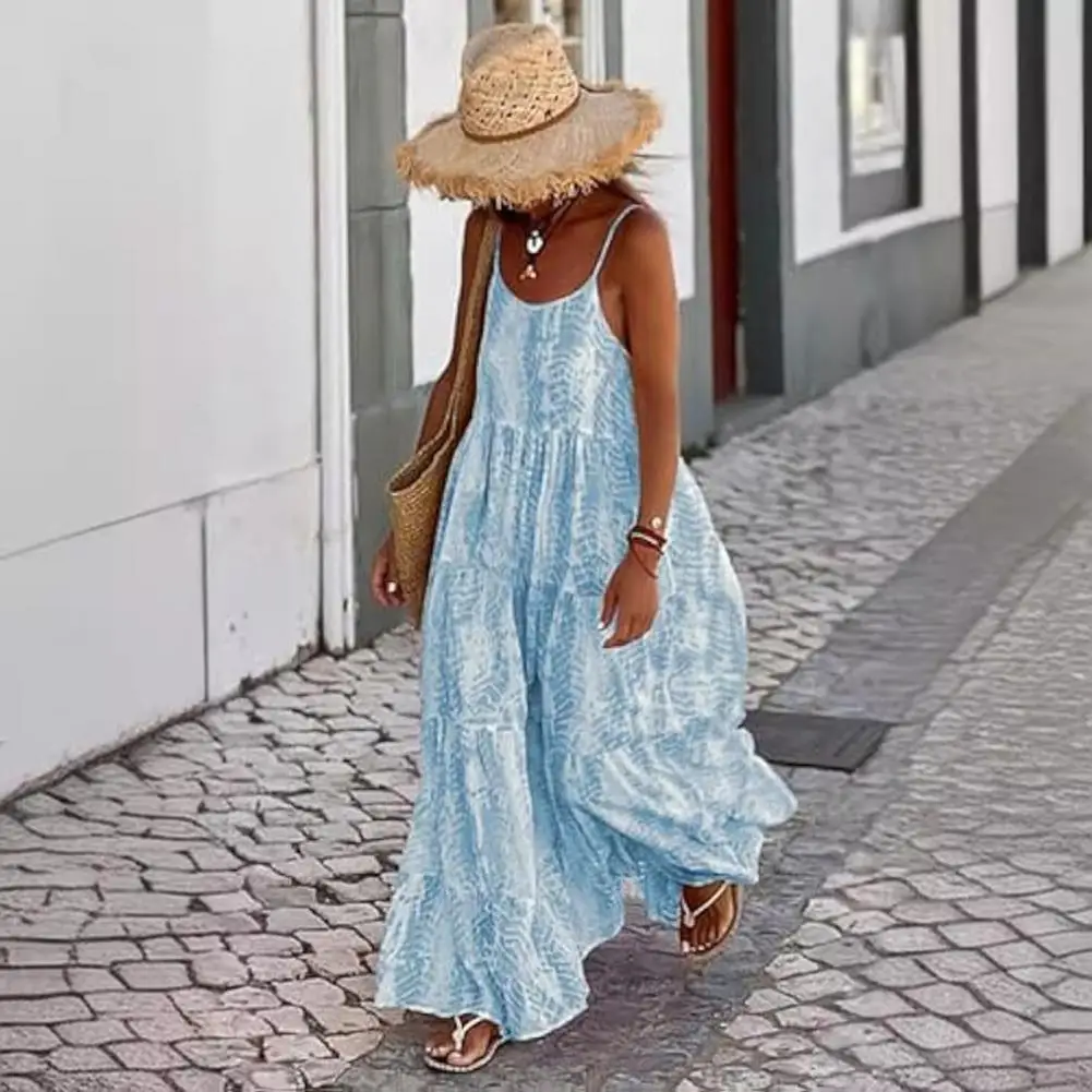 

Summer Women Dress Low-cut Sleeveless Backless Tie-dye Patchwork Loose Patchwork Hem Vacation Beach Maxi Dress Bohemian Sundress