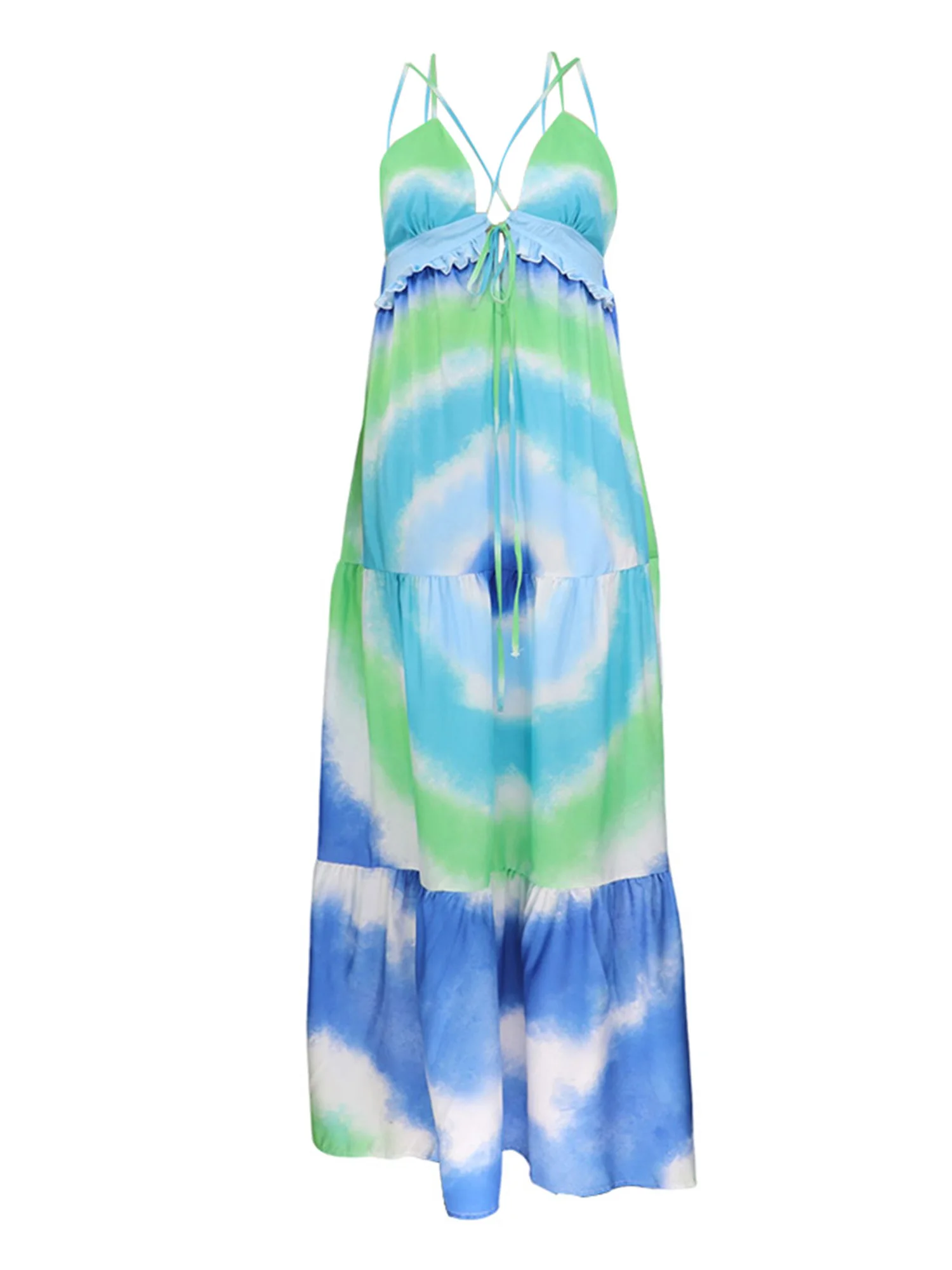 

Женское элегантное платье макси без рукавов с цветочным принтом и глубоким V-образным вырезом и завязкой сзади, идеально подходит для летнего пляжа