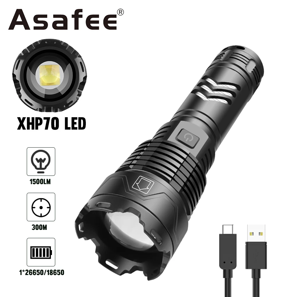 

Asafee 2800B XHP70 LED 1500LM 300M Range Outdoor Flashlight Telescopic Zoom Rechargeable Output SOS Light IPX4 Waterproof