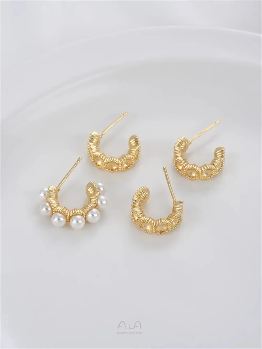 

925 Silver Needle 14K Gold Wrapped Lace Bead Bracelet Earrings DIY Handmade Pearl Earrings Accessories E356