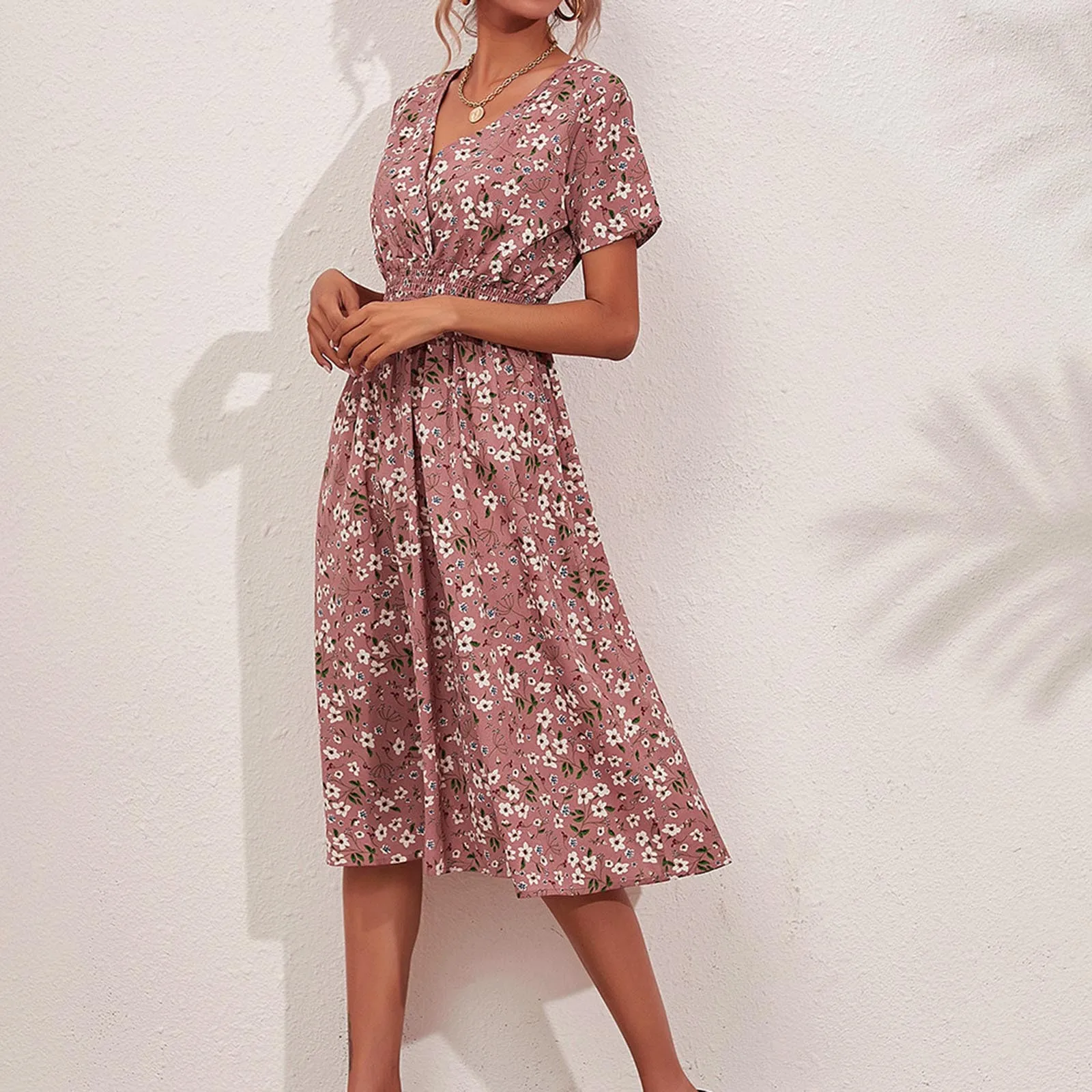 

Women Summer Elegant Dresses Bohemia Floral Print Short sleeve Sexy V-neck Dress Beach Fashion Casual Vacation Clothes Vestidos