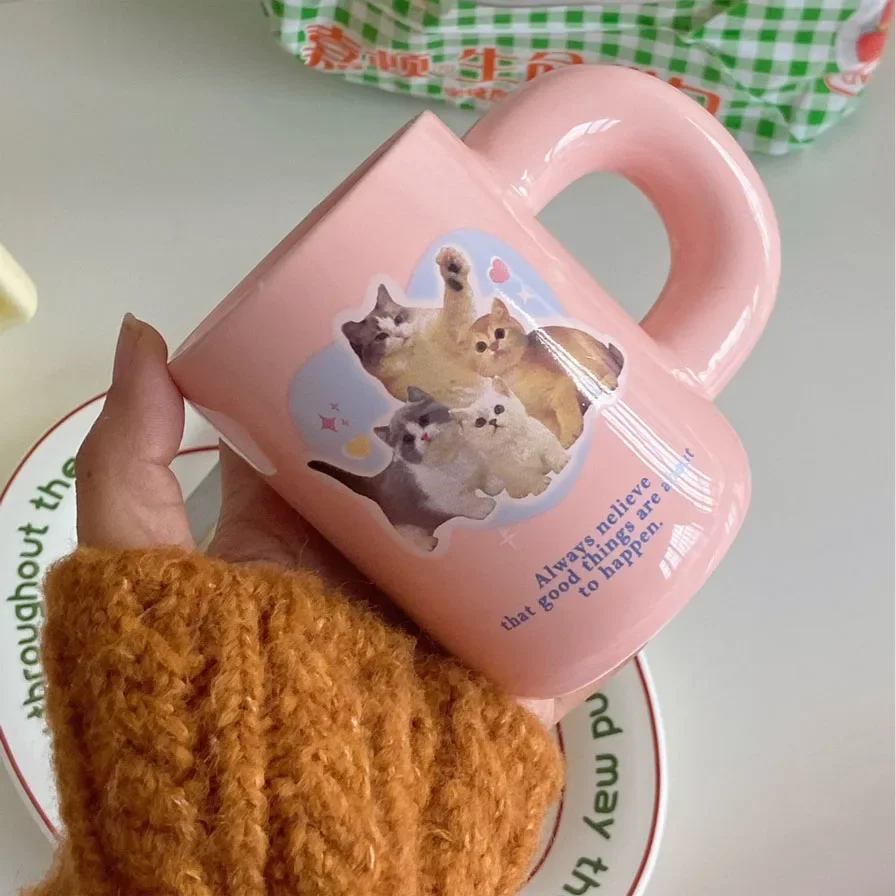 

Pink Cute Kitten Mug for Girls To Drink Breakfast Coffee Milk Cup Ceramic Chubby Thick Handle Sweet Heart Christmas Gift