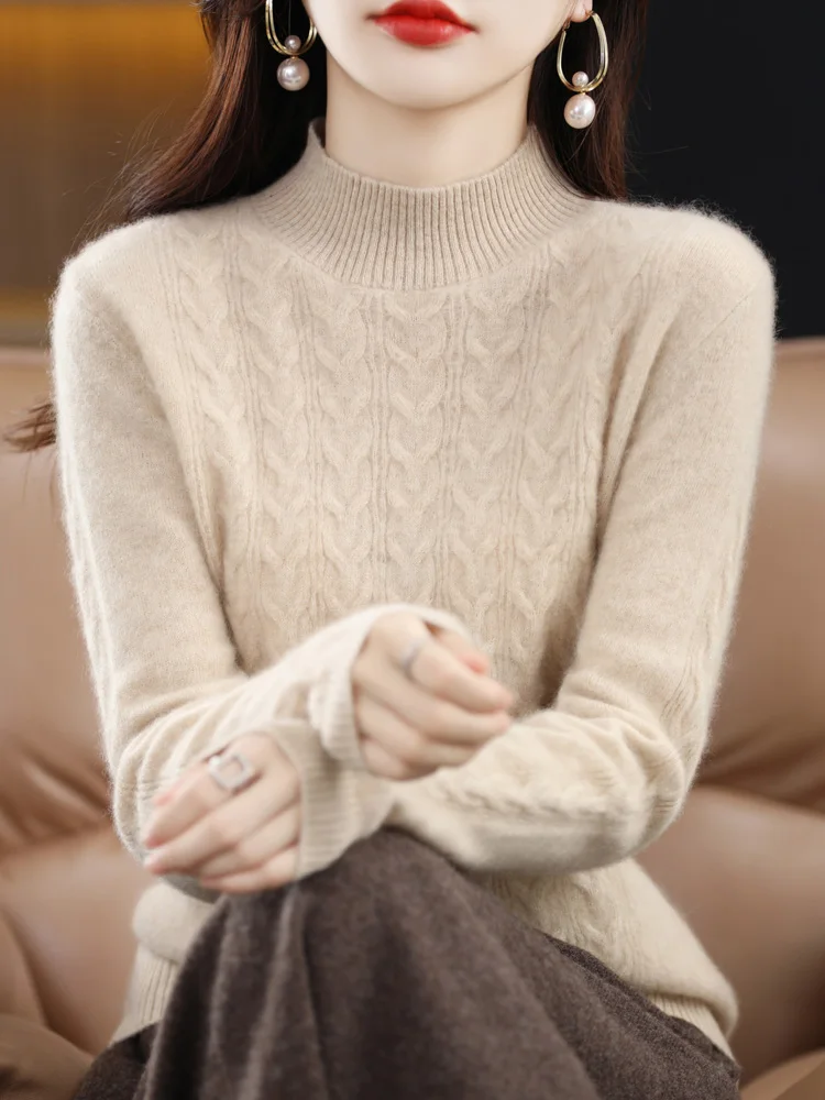 

100% Merino Wool Cashmere Women Knitted Sweater Turtleneck Long Sleeve Pullovers Autumn Winter Warm Twisted Tops Female Grace