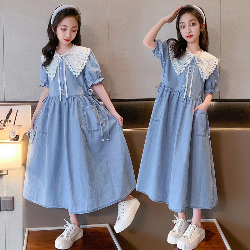 

2024 Korean Summer School Girl Dress Elementary Girl Lace Hollow Out Bowknot Lapel One-piece Dress Junior Girl Denim Dress