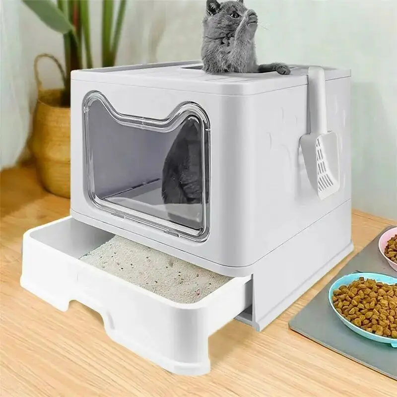 

Folding Cat Litter Box Front Entry Top Exit with Lid Foldable Large Kitty Litter Boxes Drawer Pet Cats Toilet Cage Plastic Scoop