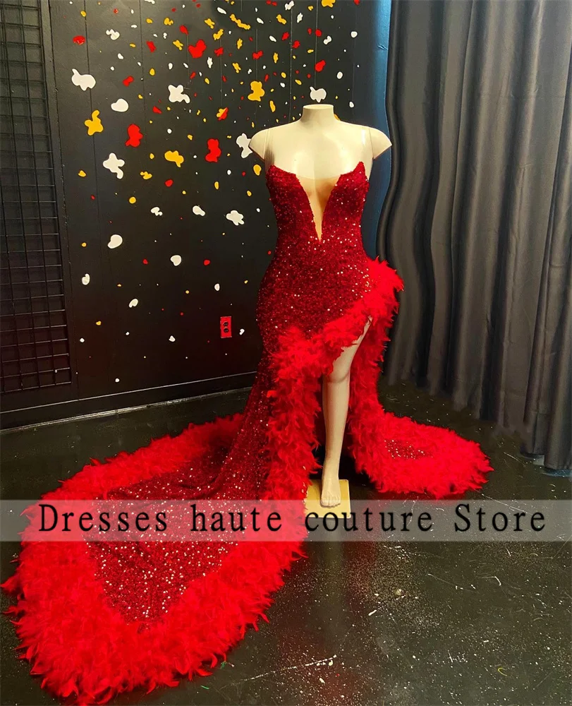 

Sparkly Sequined Red Sweetheart Long Prom Dress For Black Girls 2024 Feathers Birthday Party Gowns High Slit Evening Dresses