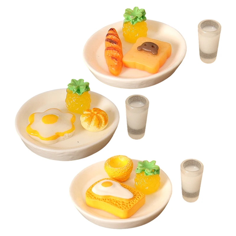 

1Set 1:12 Dollhouse Miniature Food Dinner Plate Milk Bread Fruit Egg Tart Fried Eggs Tray Model Kitchen Doll House Accessory