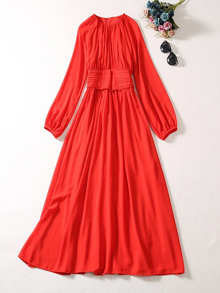 

Fashionable Women Runway Dress O-Neck Long Sleeve Red Colour Pleated High Street Vestidos Party Vacation Expansion