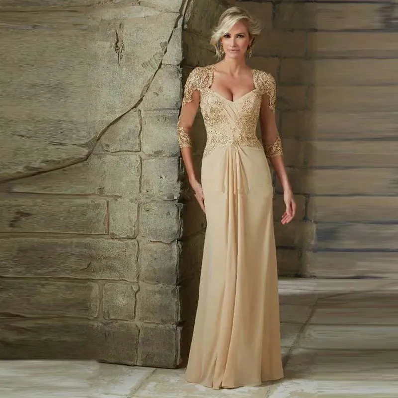 

Exquisite Gorgeous Champagne Chiffon Lace Neckline A-LINE Mother of the Bride Dresses With 3/4 Sleeves Wedding Party Gowns ﻿