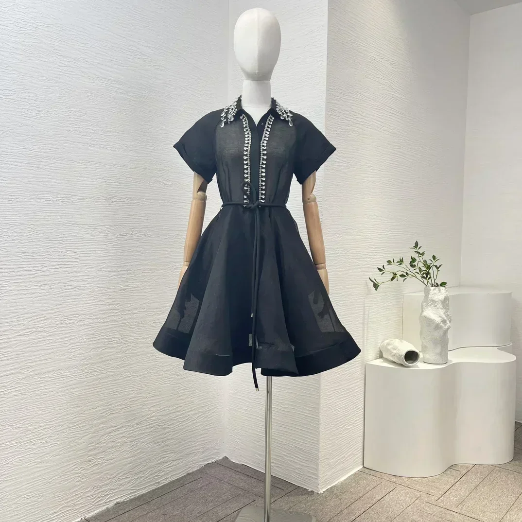 

Женское ТРАПЕЦИЕВИДНОЕ мини-платье, однотонное черное шелковое льняное платье со стразами и коротким рукавом, коллекция одежды 2023