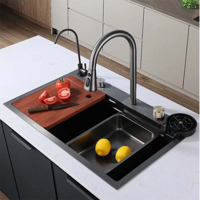 

Left Downcomer Kitchen Sink Flying Rain Waterfall Faucet Nano 304 Stainless Steel Large Single Tank Luxury Vegetable Wash Basin