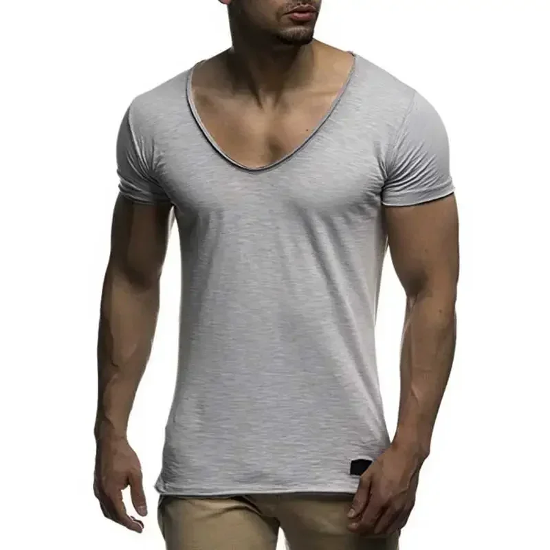 

A3383 New arrival deep V neck short sleeve men t shirt slim fit t-shirt men thin top tee casual summer tshirt camisetas hombre