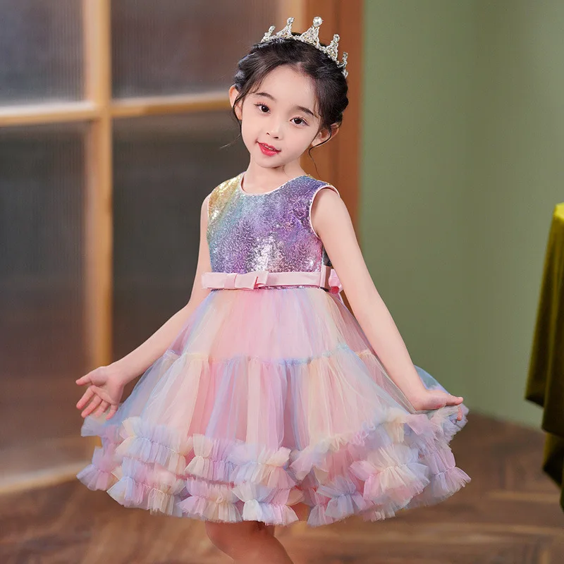 

Fashion Girls Sequin Dress Lace Sleeveless Birthday Party Princess Girl Dress Summer Children Clothing Party Dresses 3-14 Years