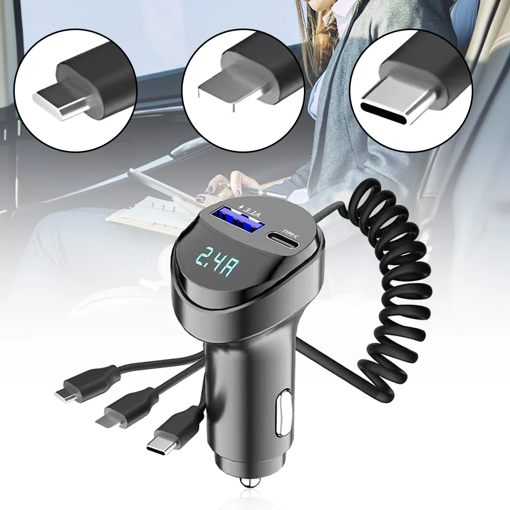 

3 in 1 Car Charger Adapter 55W USB Retractable Charging Cable 2 Ports USB Fast Car Phone Charger 3.1A with Voltage Display