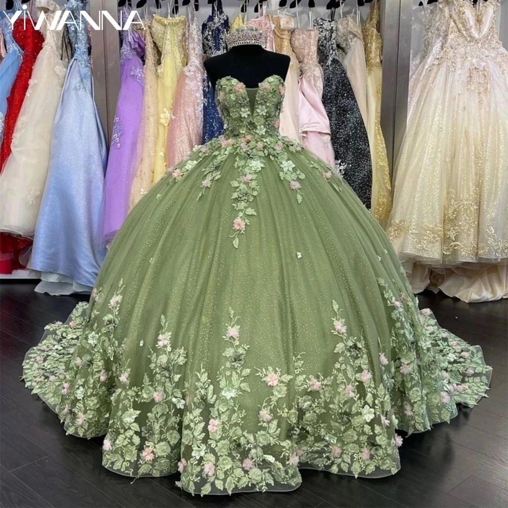 

Green Sparkly Quinceanera Dresses Beautiful Appliques 3D Flower Princess Dress Charming Sweet 16 Year vestidos de anos