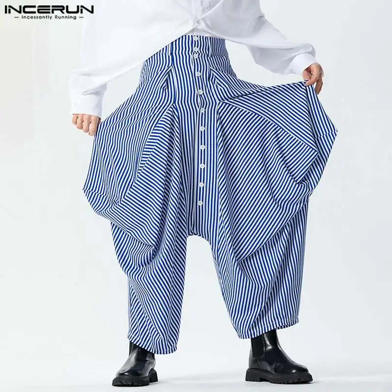 

INCERUN Men's Striped Pants Button Joggers Loose Drop-Crotch Trousers Men Streetwear 2024 Fashion Casual Irregular Pants S-5XL