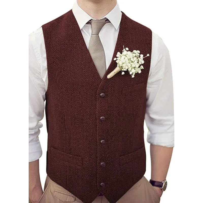 

Men Vest Burgundy V-neck Suit Slim Fit Casual Business Formal Herringbone Tweed Wool Waistcoat Wedding Groomsmen Male Suit