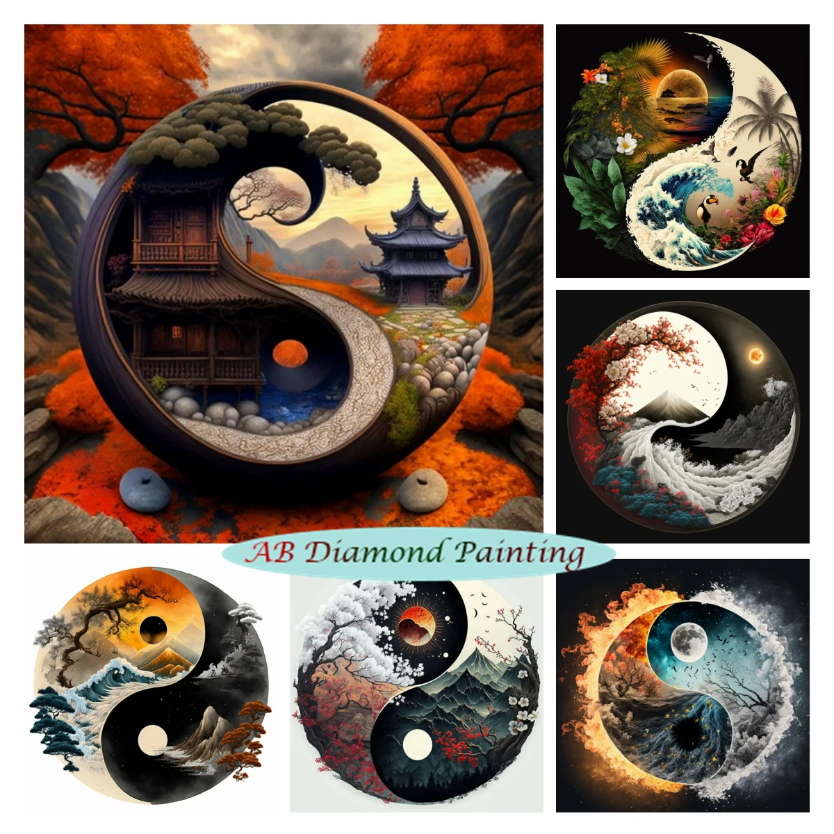 

Chinese Yin Yang Scenery 5D AB Diamond Painting Fantasy Landscape Mosaic Embroidery Ocean Sun Cross Stitch Kits Home Decor Gift