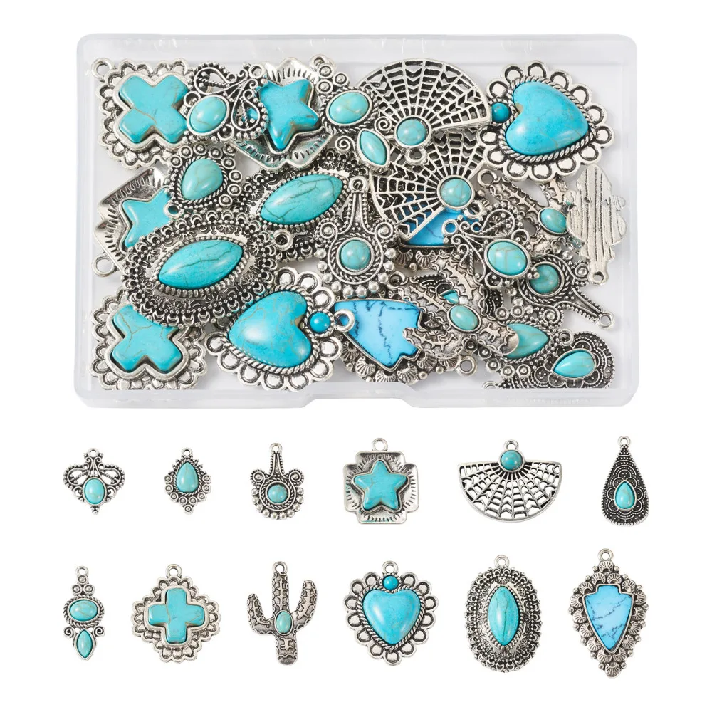 

24Pcs Boho Antique Silver Color Charms Vintage Synthetic Turquoise Fan/Cactus/ Cross Pendants for DIY Earrings Necklace Making