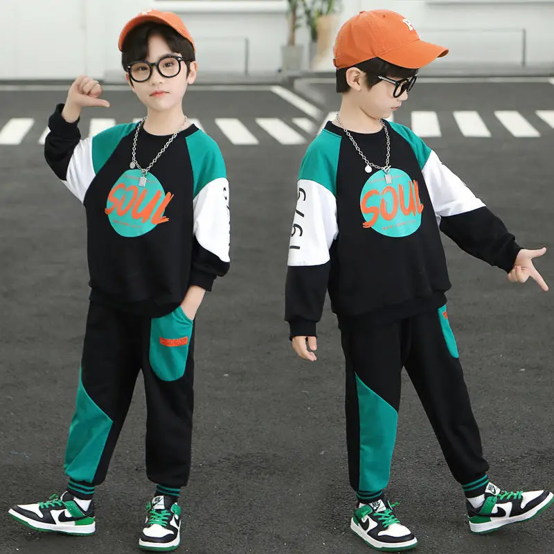 

Boys' Sets Loose Causal 2023 Spring Sweatshirts Patchwork Pants Cuffed 2PCS Letter Printing Pullover O-Neck Sport 5-12 Years Old
