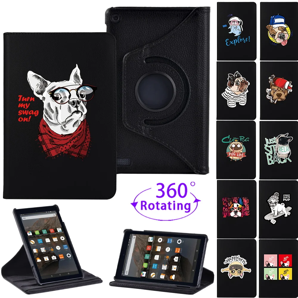 

360 Degree Rotating Tablet Case for Fire 7 5th Gen/Fire 7 7th Gen/Fire 7 9th Gen Dog Print Anti-drop Adjustable Fold Stand Cover