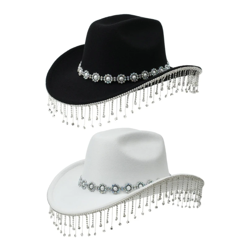 

652F Sparkling Crystal Cowboy Hats Tassels Diamond for Bachelorette Party Cowboy Hats Disco Hat for Actor Actress