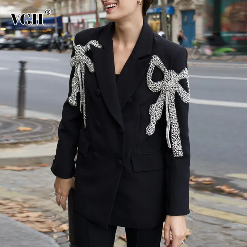 

VGH Solid Patchwork Diamonds Elegant Blazer For Women Notched Collar Long Sleeve Spliced Button Temperament Blazers Female New