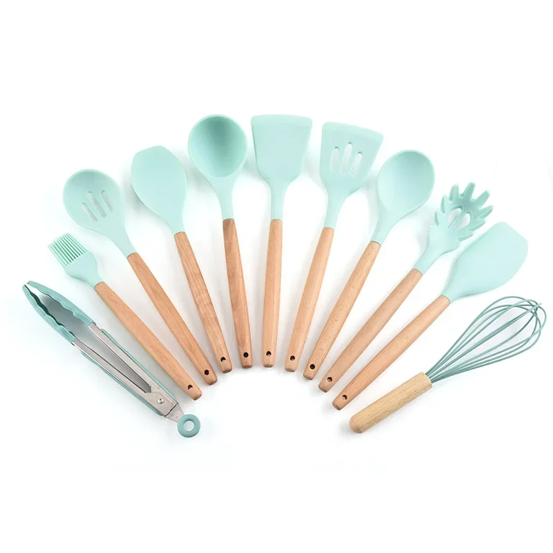 

Silicone Kitchen Ware 12-Piece Wooden Handle Cooking Ladel Set Home Cooking Silica Gel Kitchen Set Cooking Tools