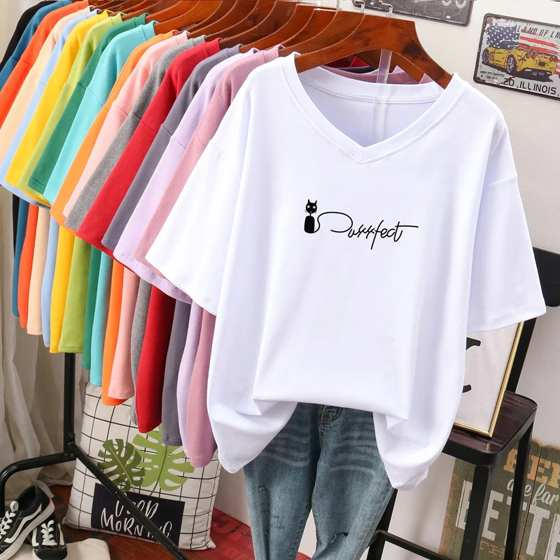 

DAYIFUN Women Cotton T-Shirts Ladies Plus Size Short Sleeved Summer Tshirts Korean Loose 100KG Tees Female Casual V-neck Tops