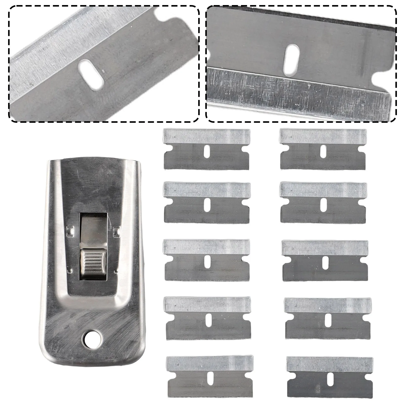 Multi-Purpose Razor Scraper Set W/10pcs 1.5 Inch Replacement Steel Blades For Glass Glue Adhesive Removal Cleaning Tool
Multi-Purpose Razor Scraper Set W/10pcs 1.5 Inch Replacement Steel Blades For Glass Glue Adhesive Removal Cleaning Tool