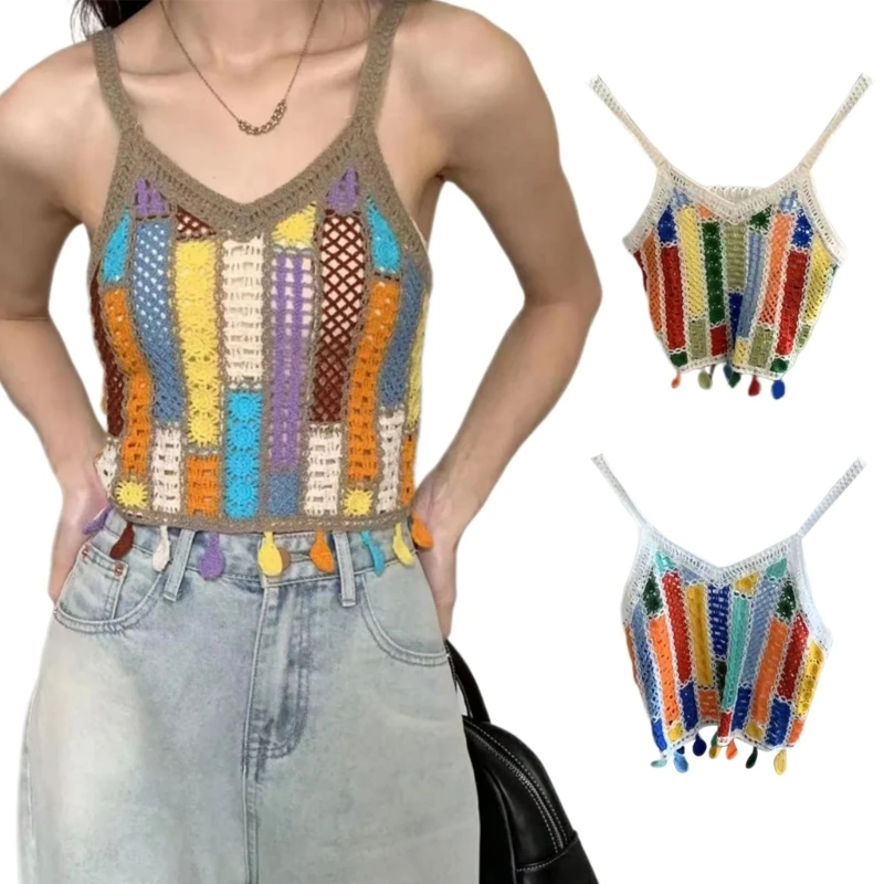 

Hollowed Out Crocheted Sleeveless V-Neck Crop Top for Women Bohemian Colorful Knitted Tassels Beach Camisole Vests