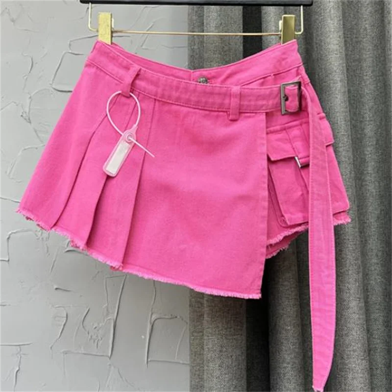 

Falda Rose Pink Blue Asymmetric A Line Short Skirt Women S Summer Wide Leg Denim Skirt Pleat Pocket