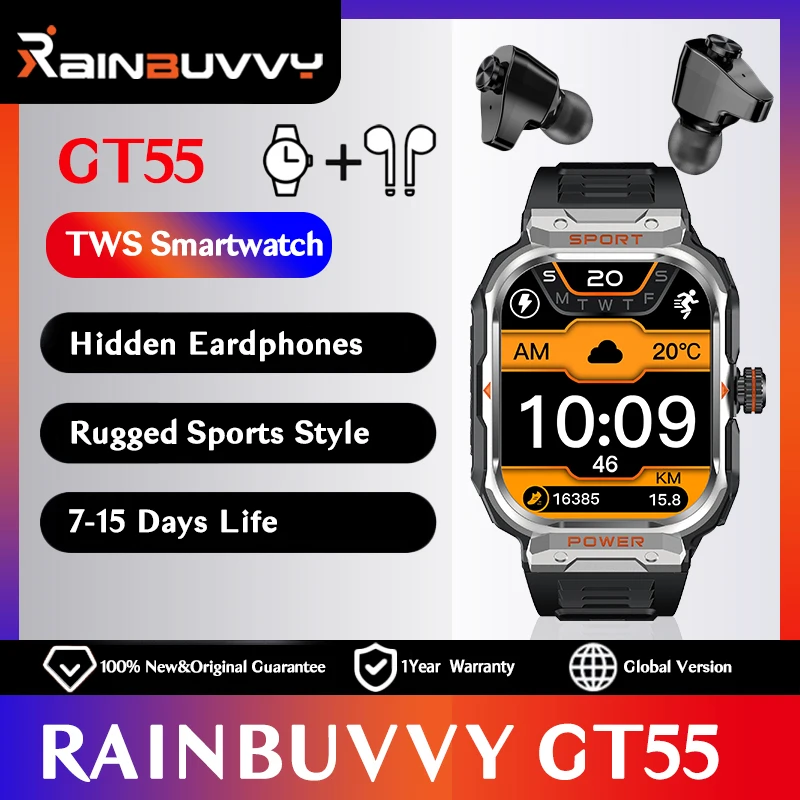 

Rainbuvvy GT55 Smart Watch With TWS Bluetooth Earphones Full Touch Screen NFC Waterproof Sport Wristband