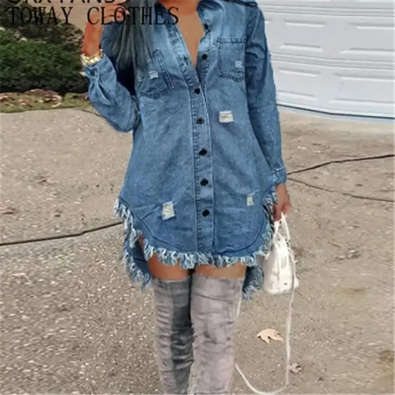 Women Fashion Turn Down Collar Button Denim Ripped Tassels Long Sleeves Silt Sexy Mini Shirt Dress
Women Fashion Turn Down Collar Button Denim Ripped Tassels Long Sleeves Silt Sexy Mini Shirt Dress