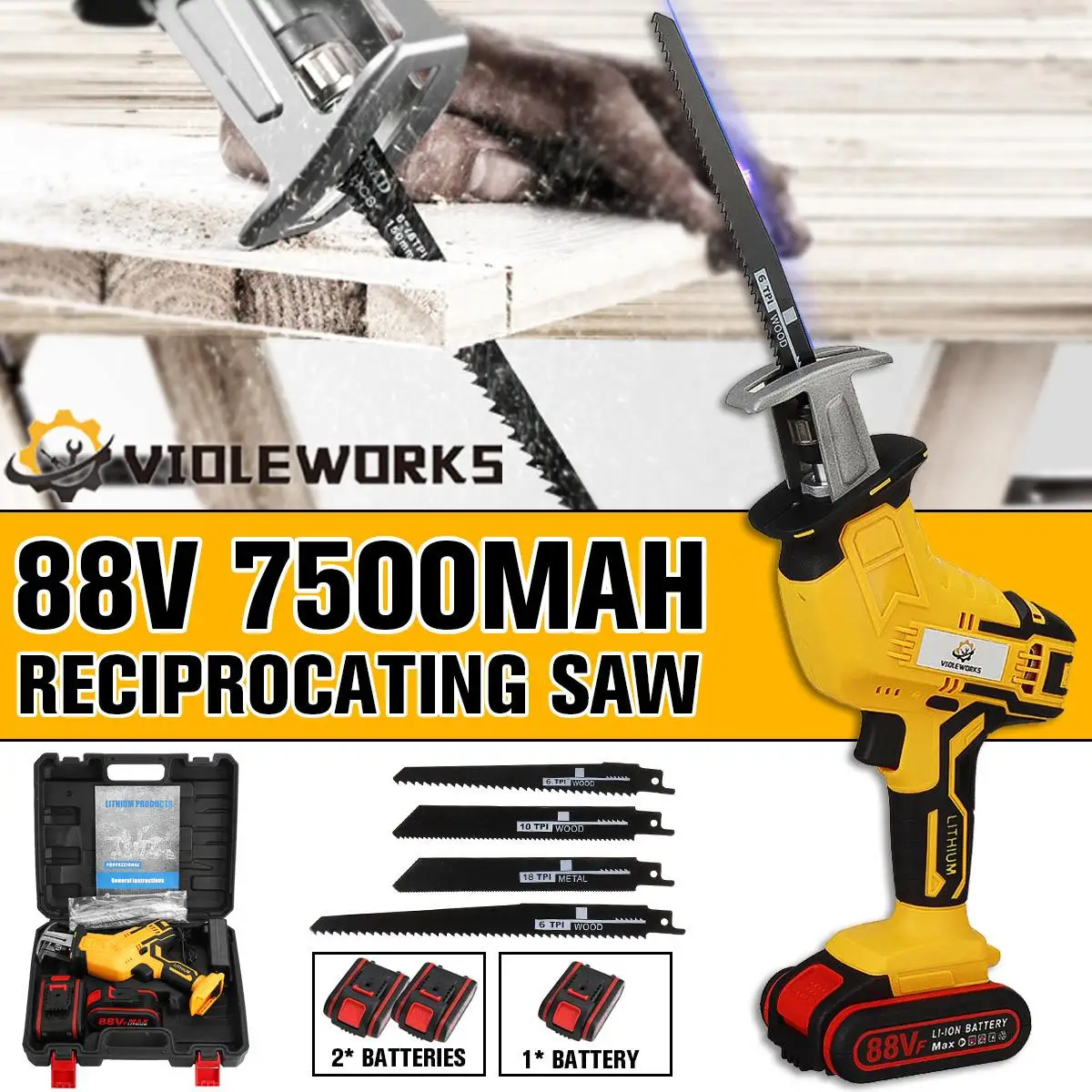 Rechargeable Cordless Reciprocating Saw 4 Blades Metal Cutting Woodworking Tool Kit Electric Saw with 1/2 Li-ion Battery
Rechargeable Cordless Reciprocating Saw 4 Blades Metal Cutting Woodworking Tool Kit Electric Saw with 1/2 Li-ion Battery