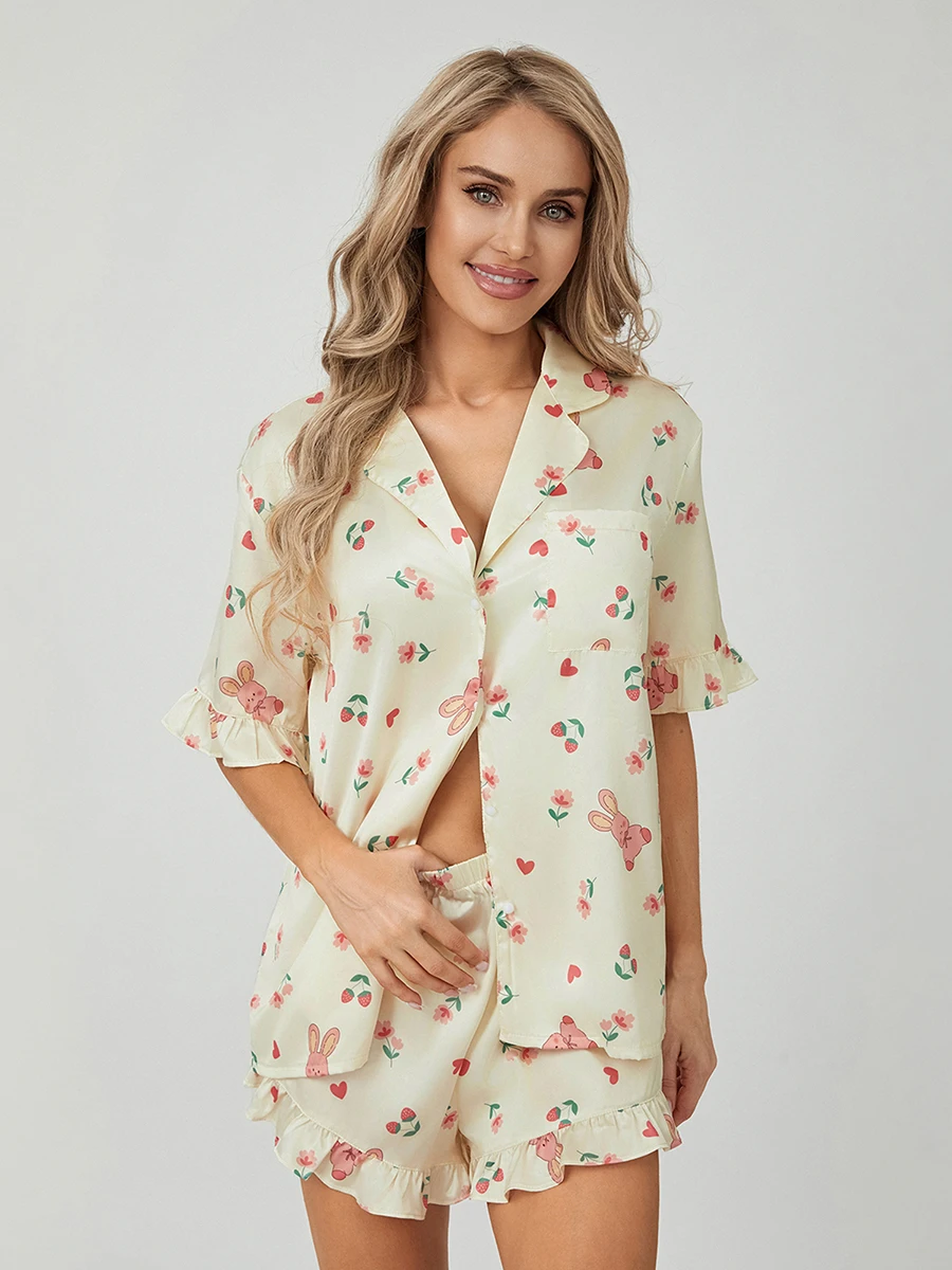 

Women 2 Piece Pajama Set Floral Bunny Print Summer Short Sleeves Tops and Elastic Ruffled Shorts for Loungewear