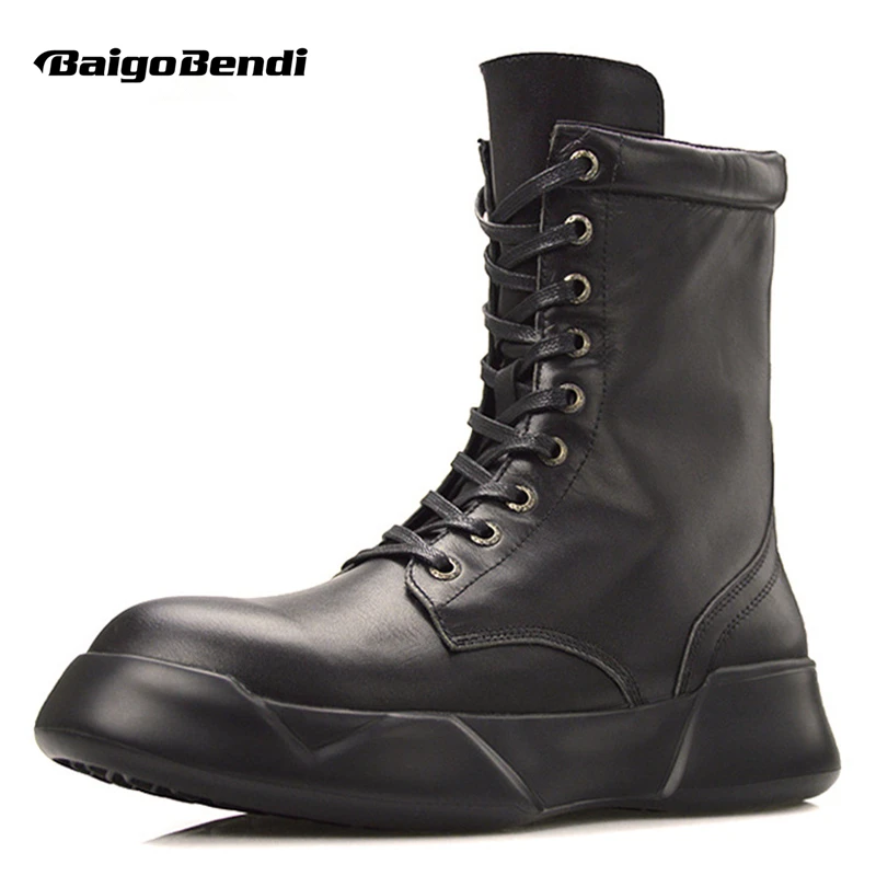 

So Cool Men's Pure Black Casual Leather Mid-calf Riding Snow Boots Soldiers Warm Plush Combat Shoes Man Winter