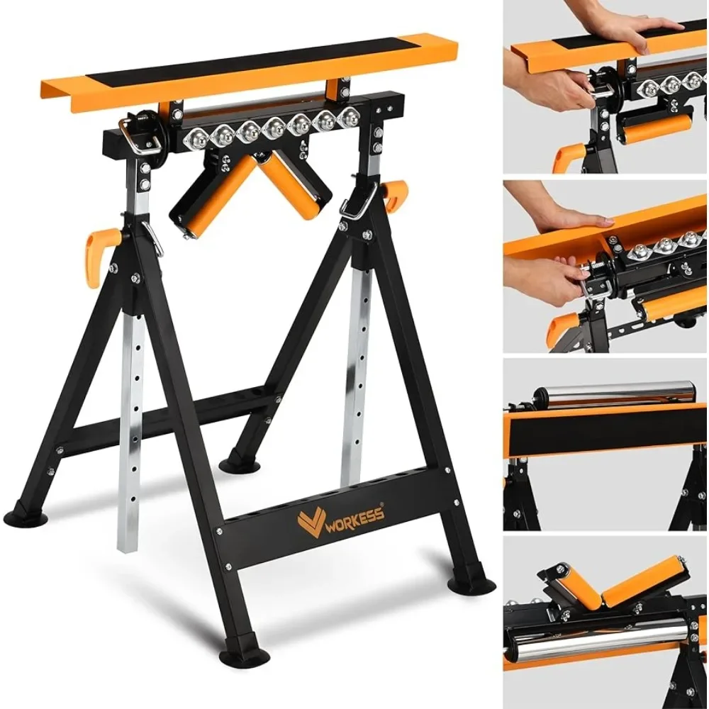 

4 in 1 Roller Stand, Stable 440 Lbs Load Capacity with Saw Horses,Height 33”- 50”, Folding for Woodworking Freight free