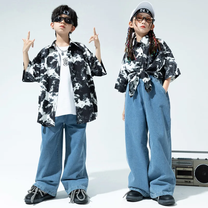 

Kids Hip Hop Jazz Performance Clothes Sets Vintage Short Sleeve Print Shirt + Loose Jeans Teen Boys Girls Street Dance Costumes