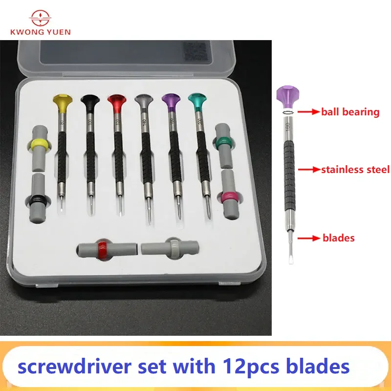 

Kwong YUEN Stainless Steel Screwdriver Set With Ball Bearing Screwdriver with Spare Blades Watch Repair Tool Kit