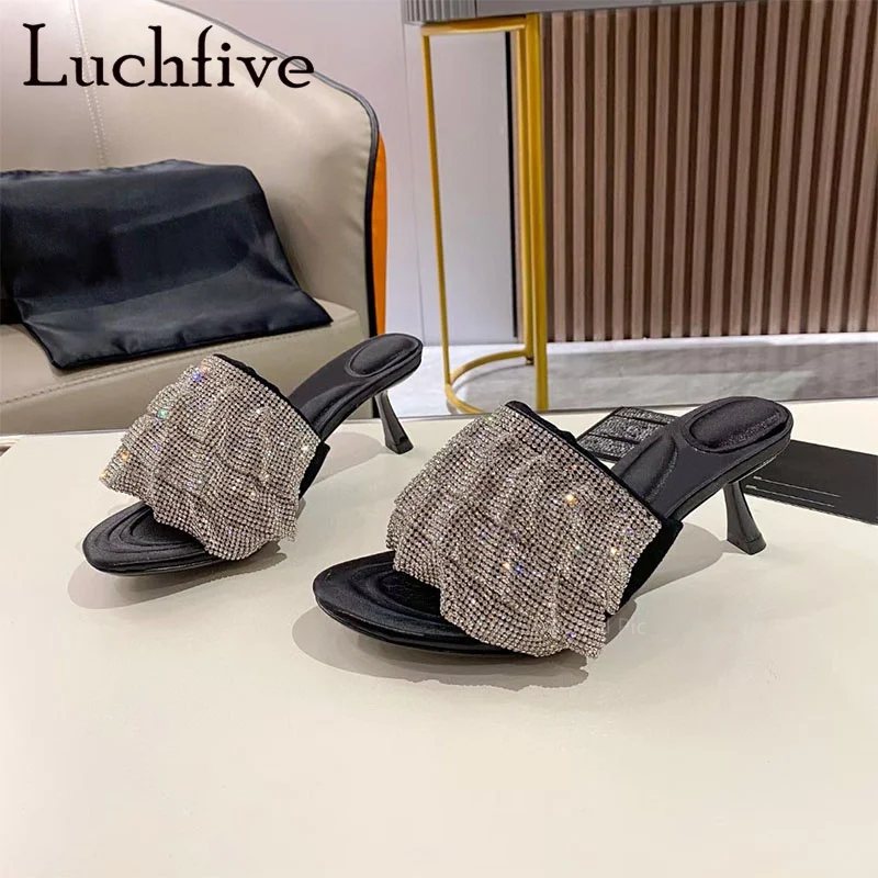 

Luchfive High Quality New Satin Thin High Heels Sandals For 2023 Summer Shoes Slip On Peep Toe Bling Bling Mules Brand Sexy Shoe