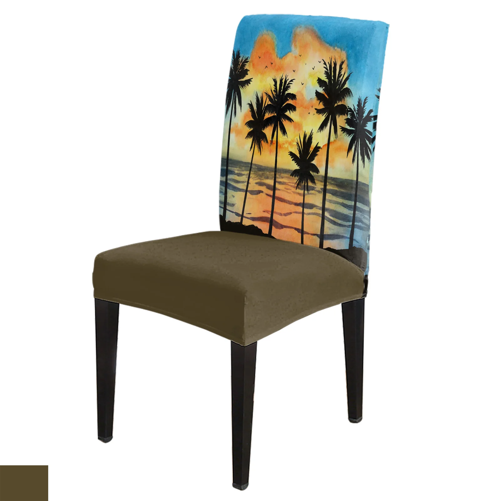 

Beach Sunset Palm Trees Watercolor Chair Cover Set Kitchen Dining Stretch Spandex Seat Slipcover for Banquet Wedding Party