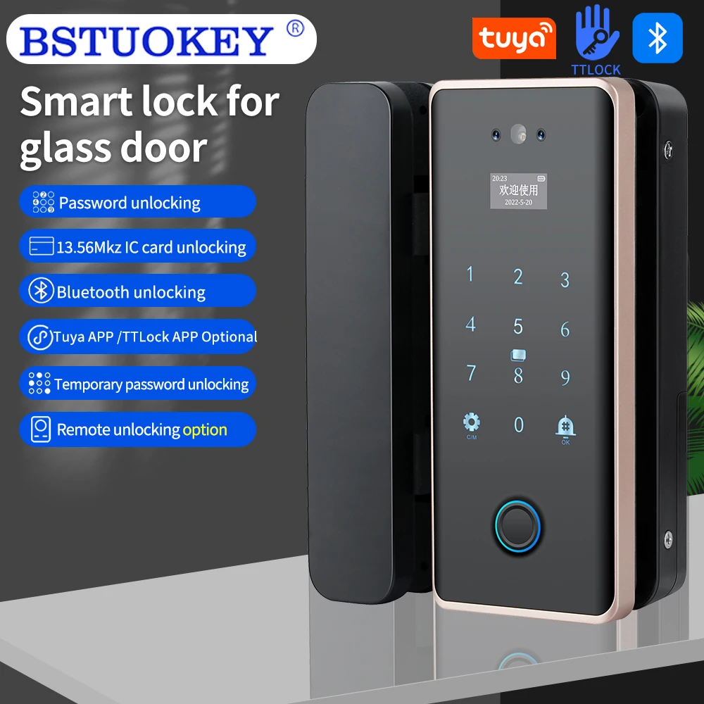 

Bluetooth Tuya 3D Face Smart Lock for Glass Door with Camera Fingerprint Face Recognize Card Password Biometric Key App Unlock
