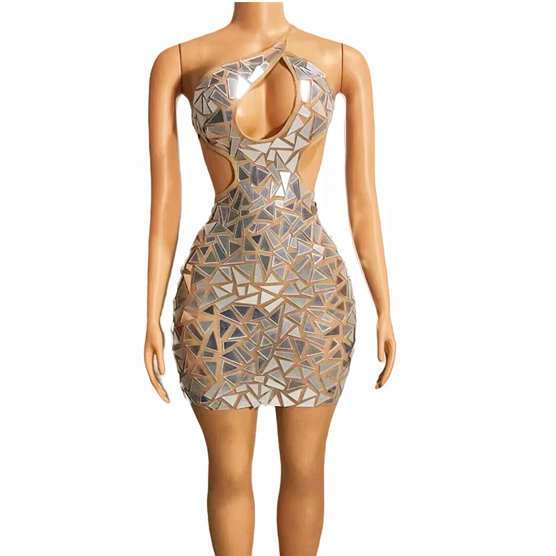 Backless Hollow Transparent Short Dress Silver Mirrors Women Dancer Show Costume Evening Birthday Celebrate
Backless Hollow Transparent Short Dress Silver Mirrors Women Dancer Show Costume Evening Birthday Celebrate