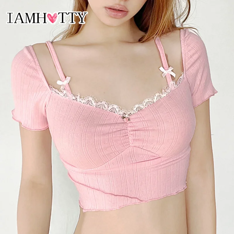 

IAMHOTTY Sweet Contrast Lace Patchwork Square Collar Cropped Top Pink Coquette Aesthetic Short Sleeve Knitted T-shirt Summer Y2K