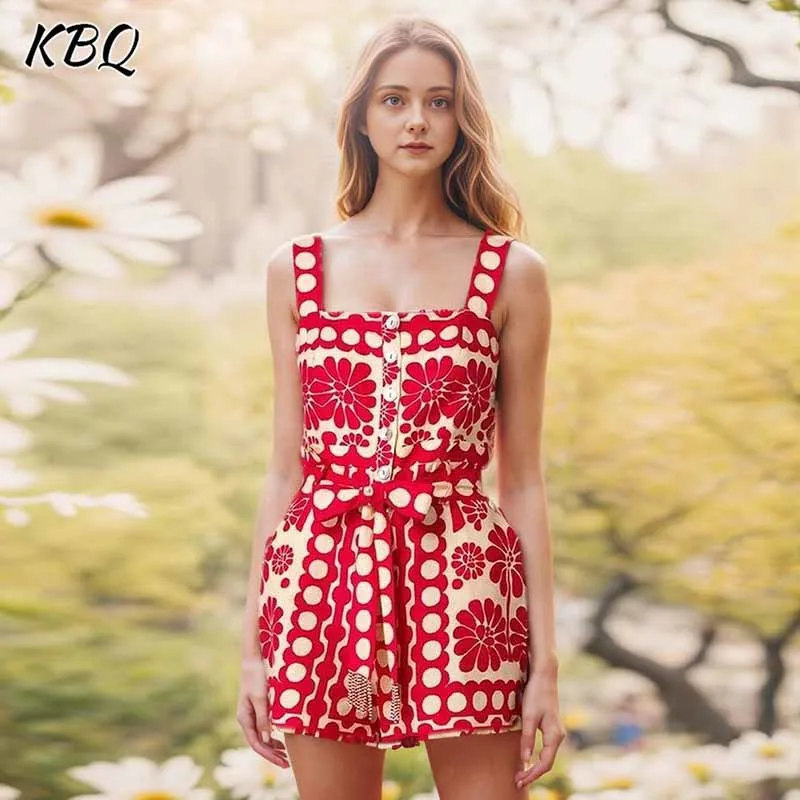 

KBQ Printing Patchwork Lace Up Playsuits For Women Square Collar Sleeveless High Waist Spliced Button Jumpsuit Female Fashion