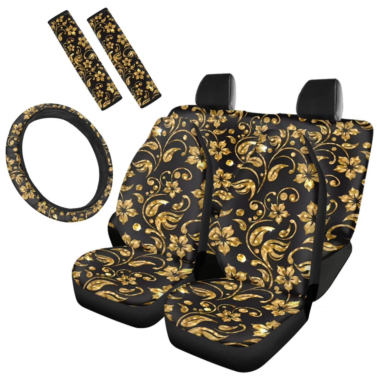 7Pcs Car Accessories Golden Ballot Flowers Print Auto Front Back Seat Cover Seat Belt Steering Wheel Covers Unisex Brand Design
7Pcs Car Accessories Golden Ballot Flowers Print Auto Front Back Seat Cover Seat Belt Steering Wheel Covers Unisex Brand Design
