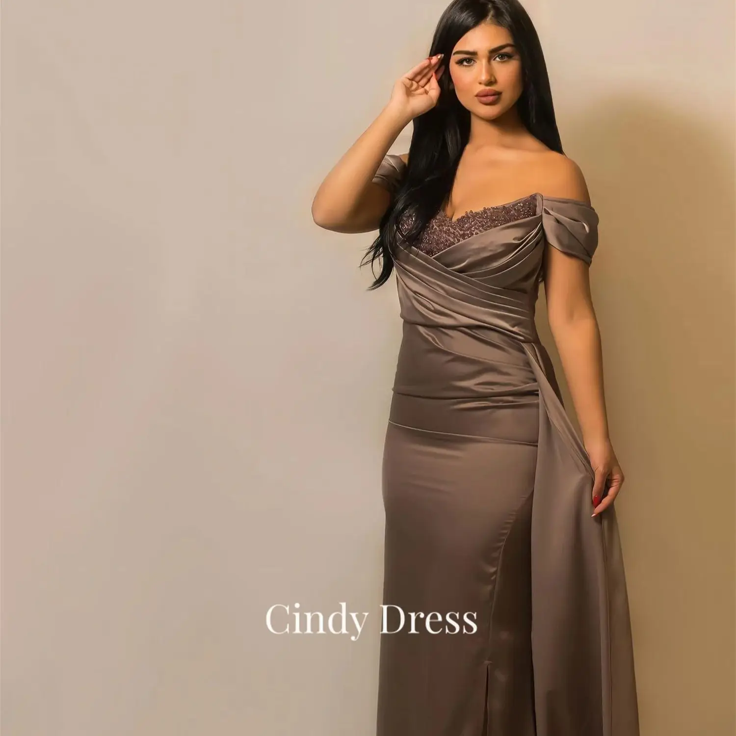 

Женское длинное вечернее платье-Русалка Cindy, элегантное атласное платье с вышивкой бисером для выпускного вечера в стиле Саудовской Аравии